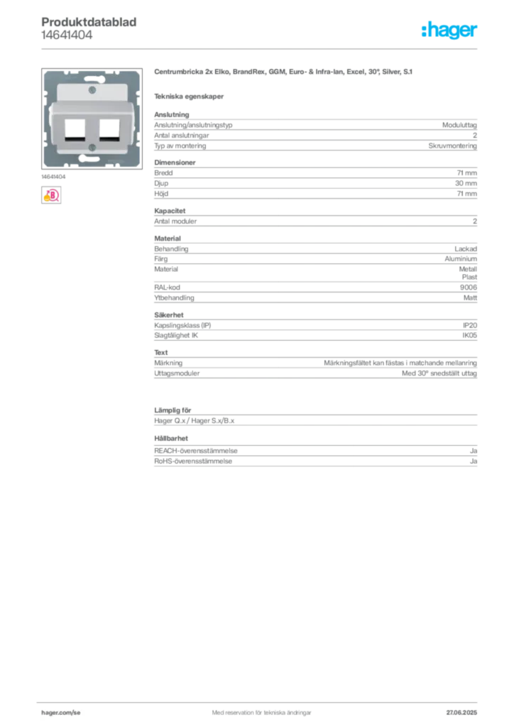 Bild Hager Produktdatablad 14641404 | Hager Sverige