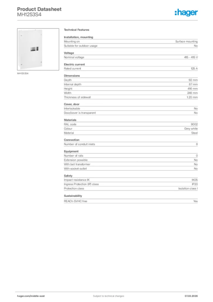 Image Hager Product data sheet MH1253S4  | Hager