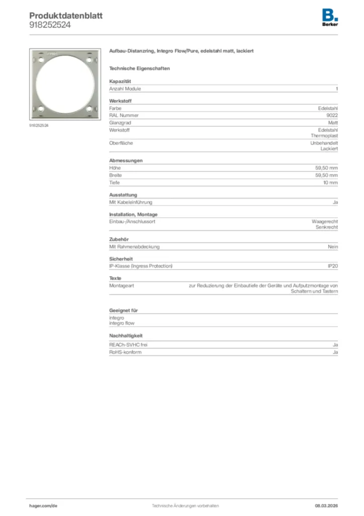Bild Berker Produktdatenblatt 918252524 | Hager Deutschland
