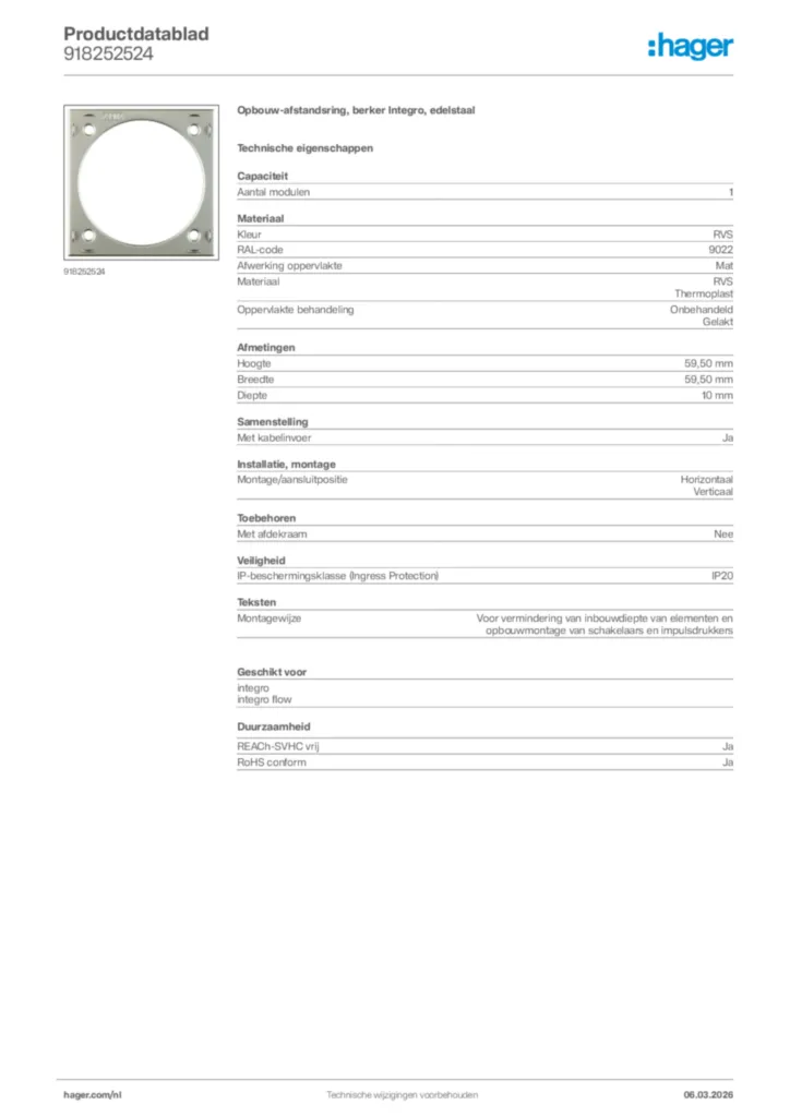 Afbeelding Hager Productdatablad 918252524 | Hager Nederland