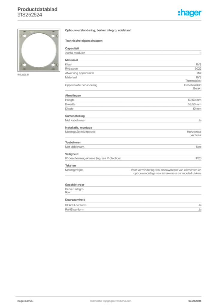 Afbeelding Hager Productdatablad 918252524 | Hager Nederland