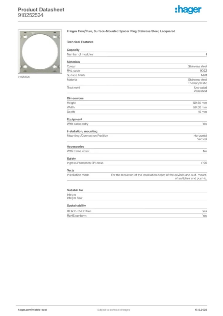 Image Hager Product data sheet 918252524  | Hager