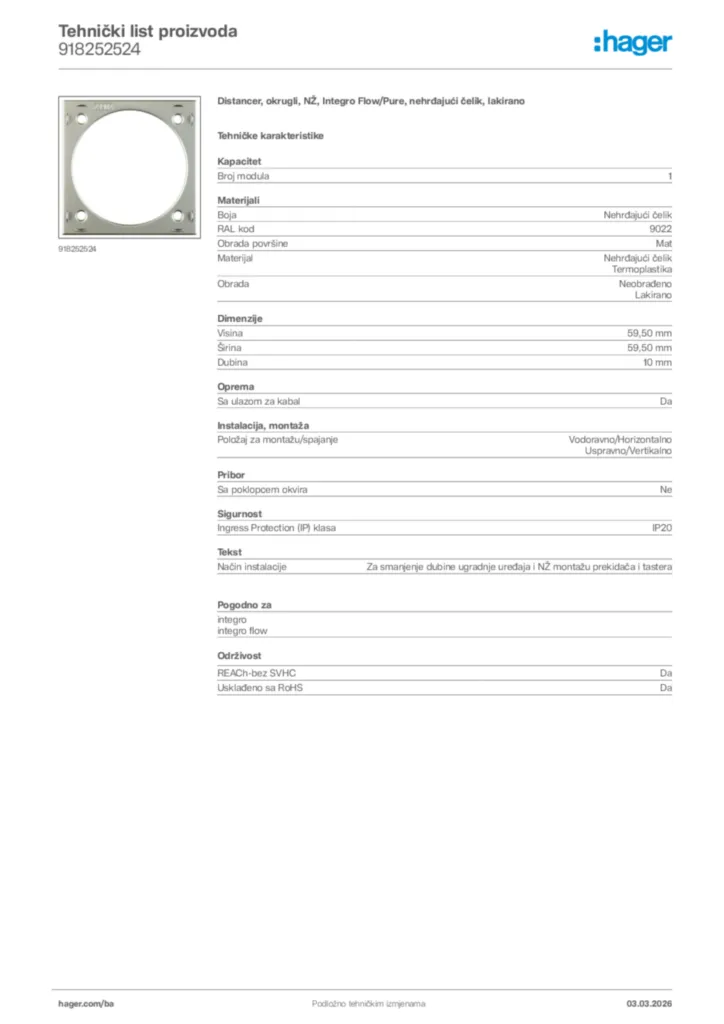 Slika Hager Tehnički list proizvoda 918252524  | Hager