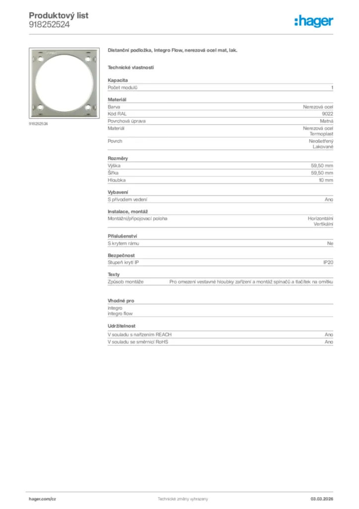 Obrázek Hager Product data sheet 918252524 | Hager