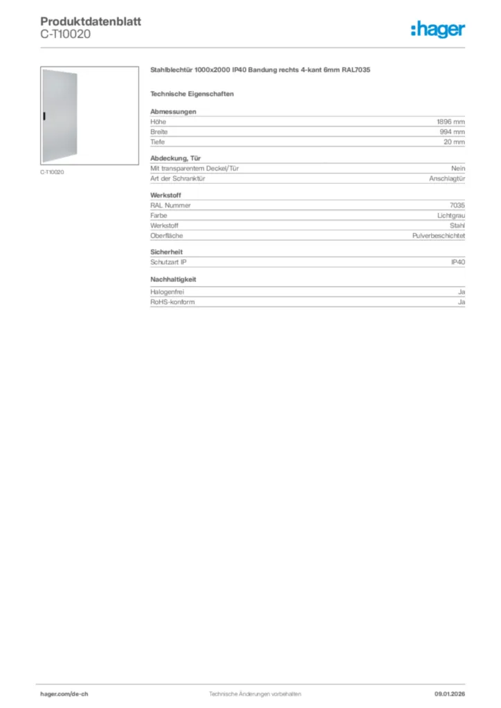 Bild Hager Produktdatenblatt C-T10020 | Hager Schweiz