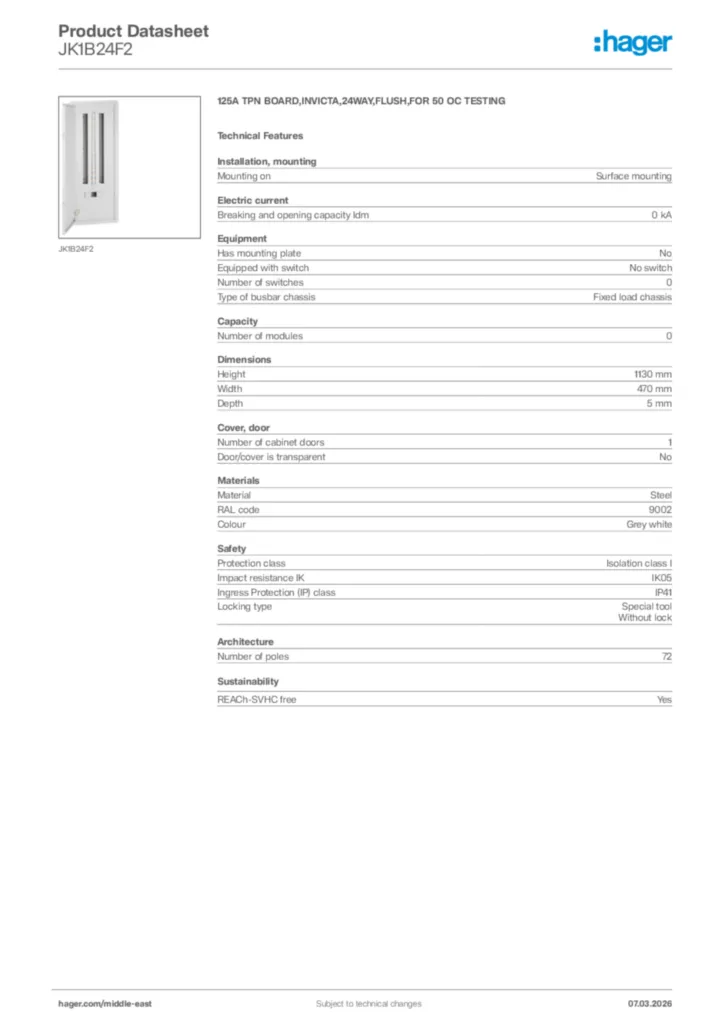 Image Hager Product data sheet JK1B24F2  | Hager