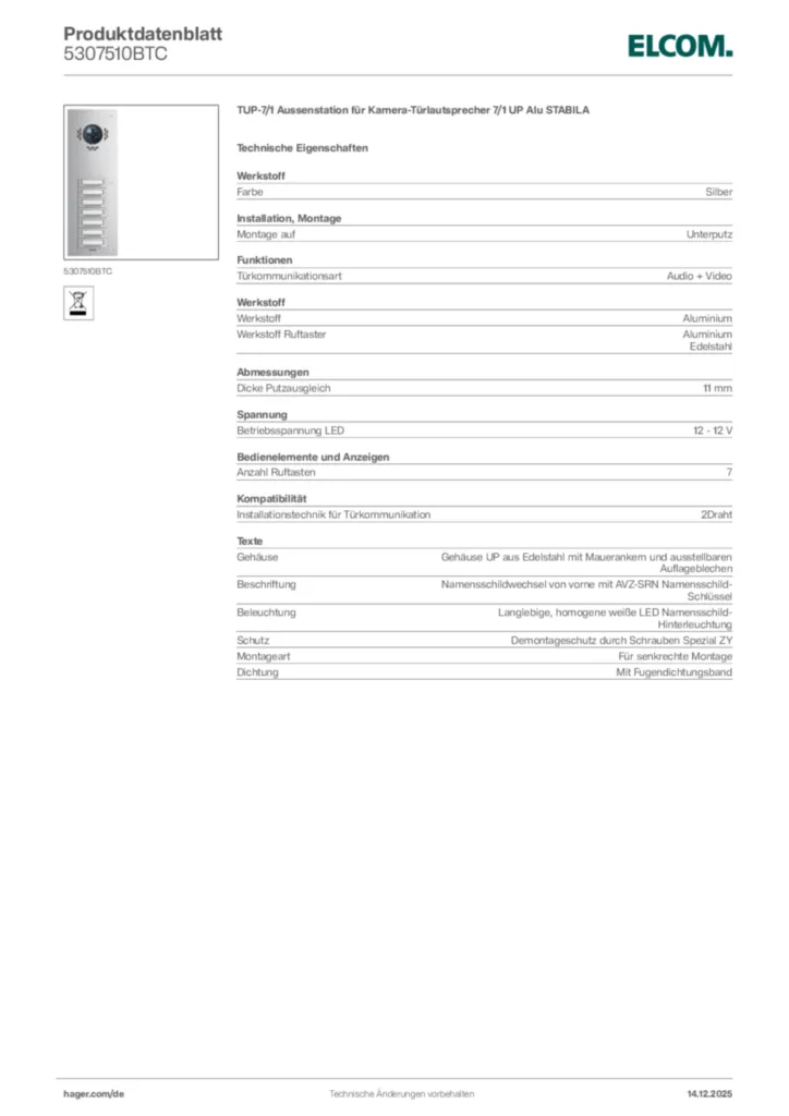 Bild Elcom Produktdatenblatt 5307510BTC | Hager Deutschland