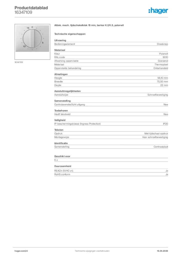 Afbeelding Hager Productdatablad 16347109 | Hager Nederland