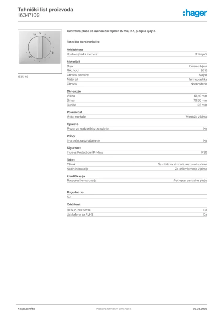 Slika Hager Tehnički list proizvoda 16347109  | Hager