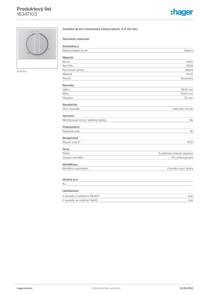 Obrázek Hager Product data sheet 16347103 | Hager
