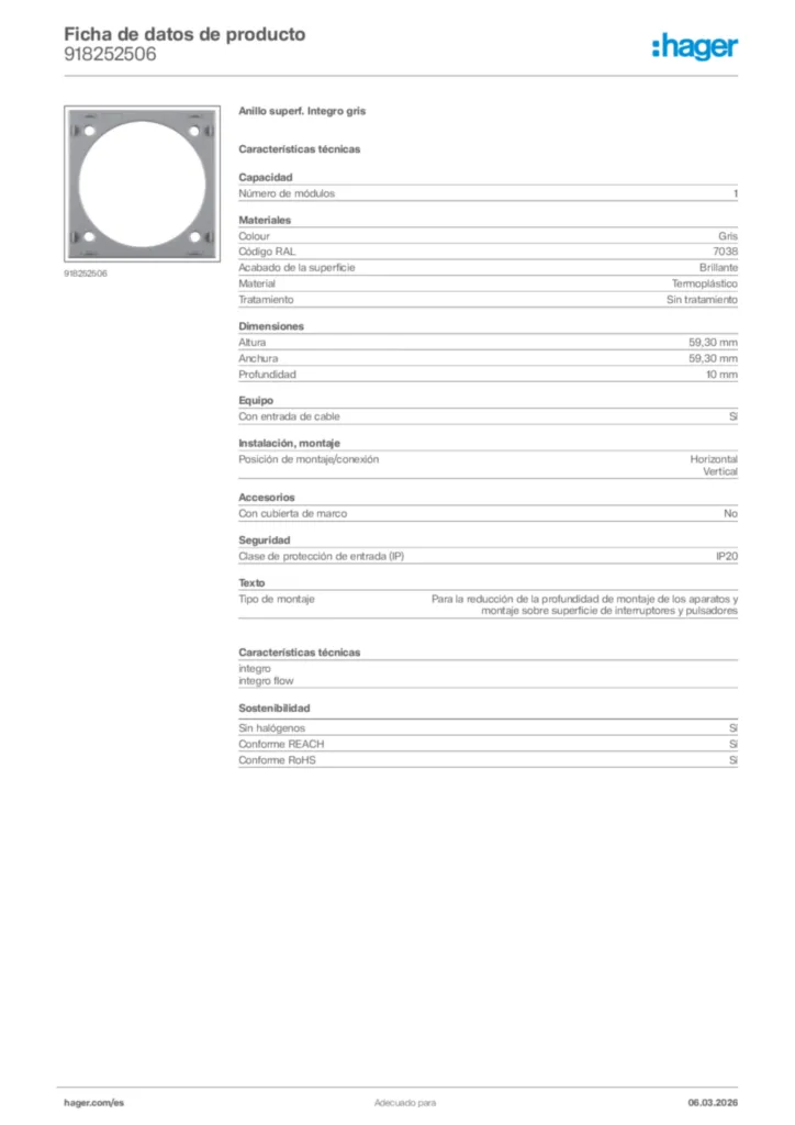 Imagen Hager Ficha de datos de producto 918252506 | Hager España