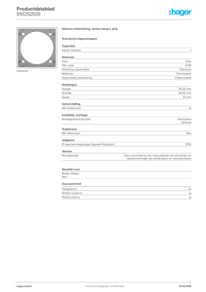 Afbeelding Hager Productdatablad 918252506 | Hager Nederland