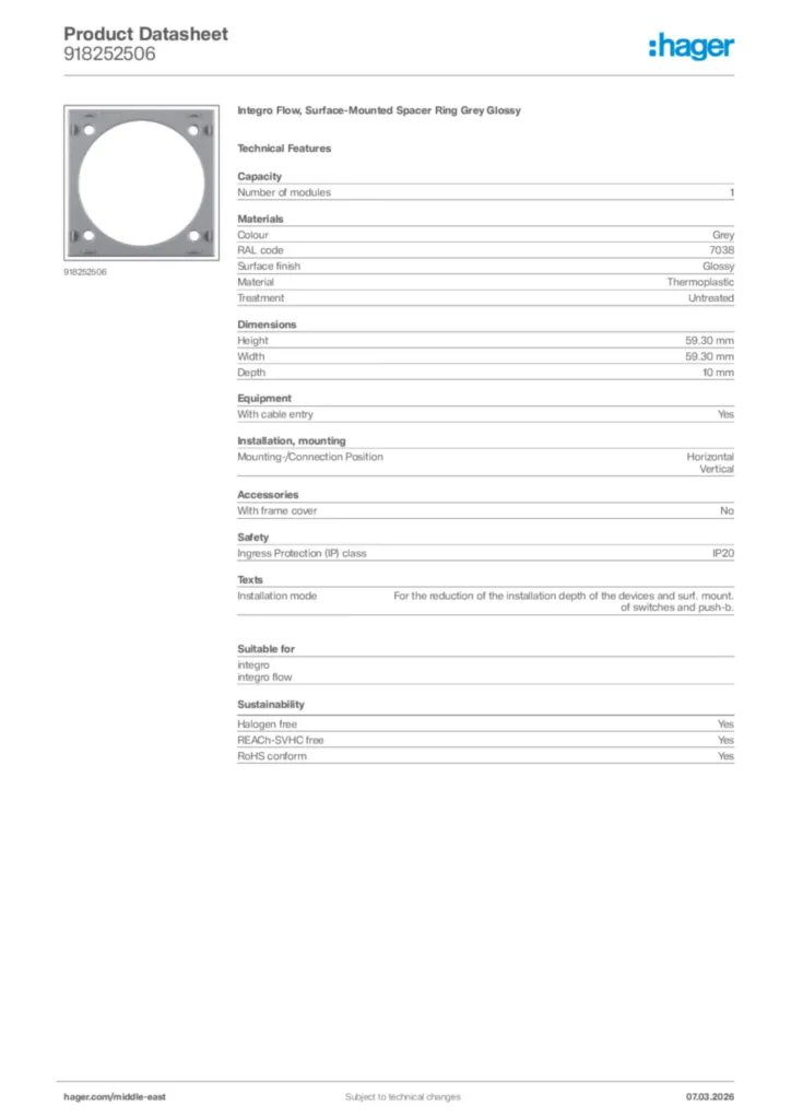 Image Hager Product data sheet 918252506  | Hager