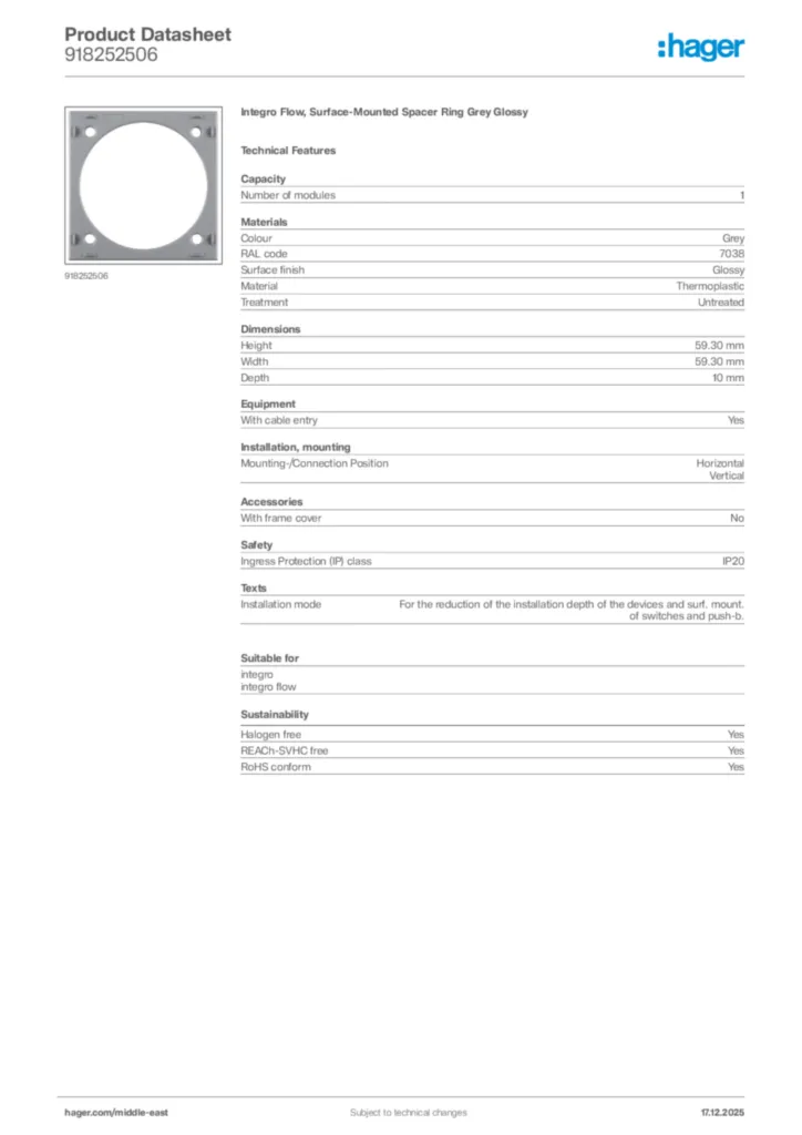 Image Hager Product data sheet 918252506  | Hager