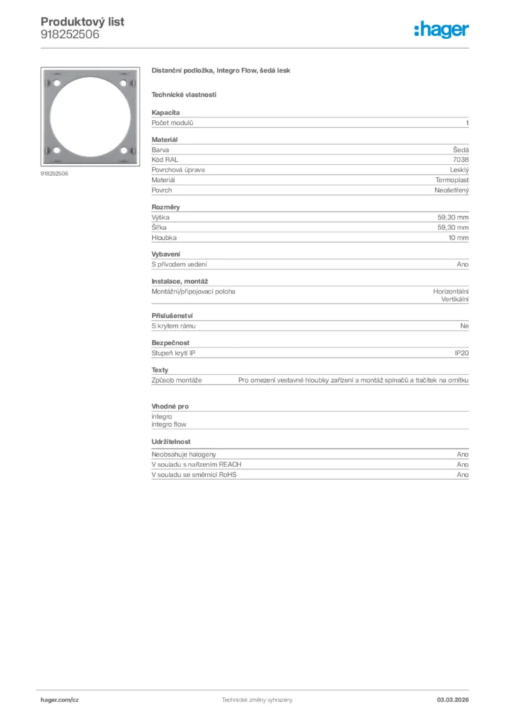 Obrázek Hager Product data sheet 918252506 | Hager