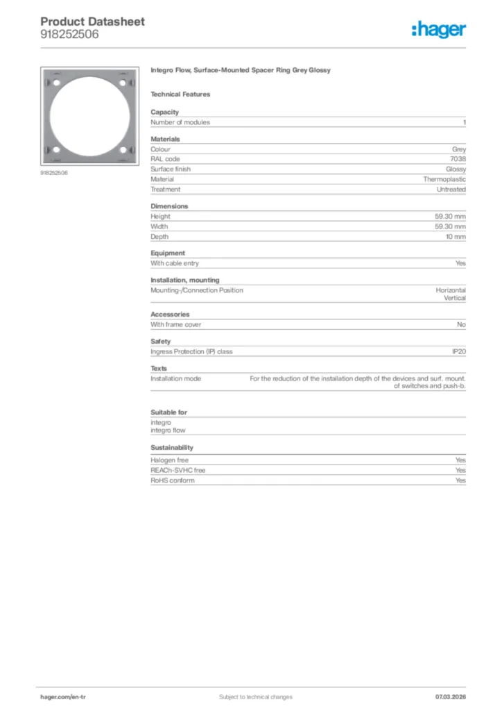 Image Hager Product data sheet 918252506  | Hager