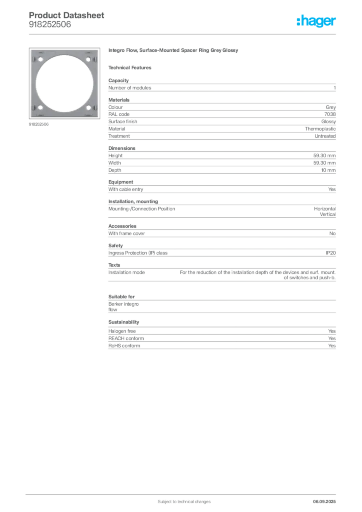 Image Hager Product data sheet 918252506  | Hager
