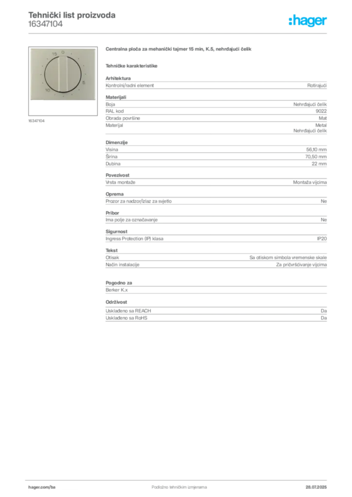 Slika Hager Product data sheet 16347104  | Hager
