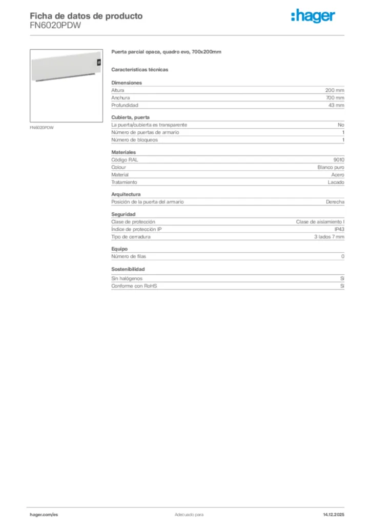 Imagen Hager Ficha de datos de producto FN6020PDW | Hager España