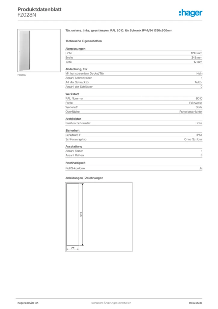 Bild Hager Produktdatenblatt FZ028N | Hager Schweiz