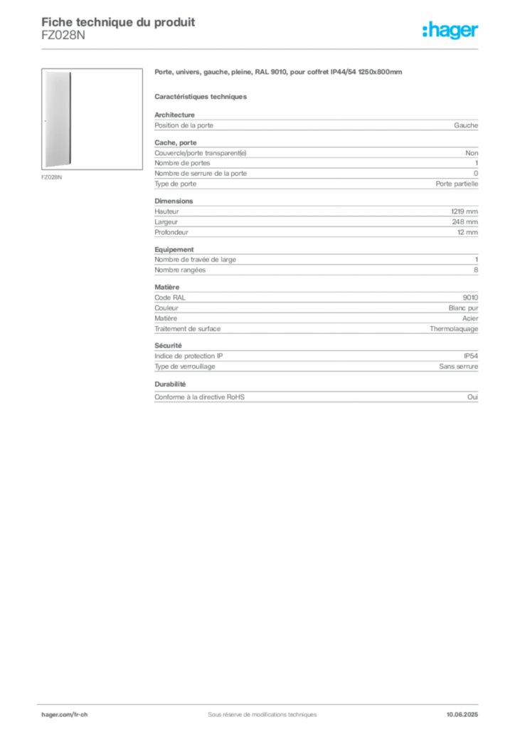 Image Hager Fiche technique du produit FZ028N | Hager Suisse