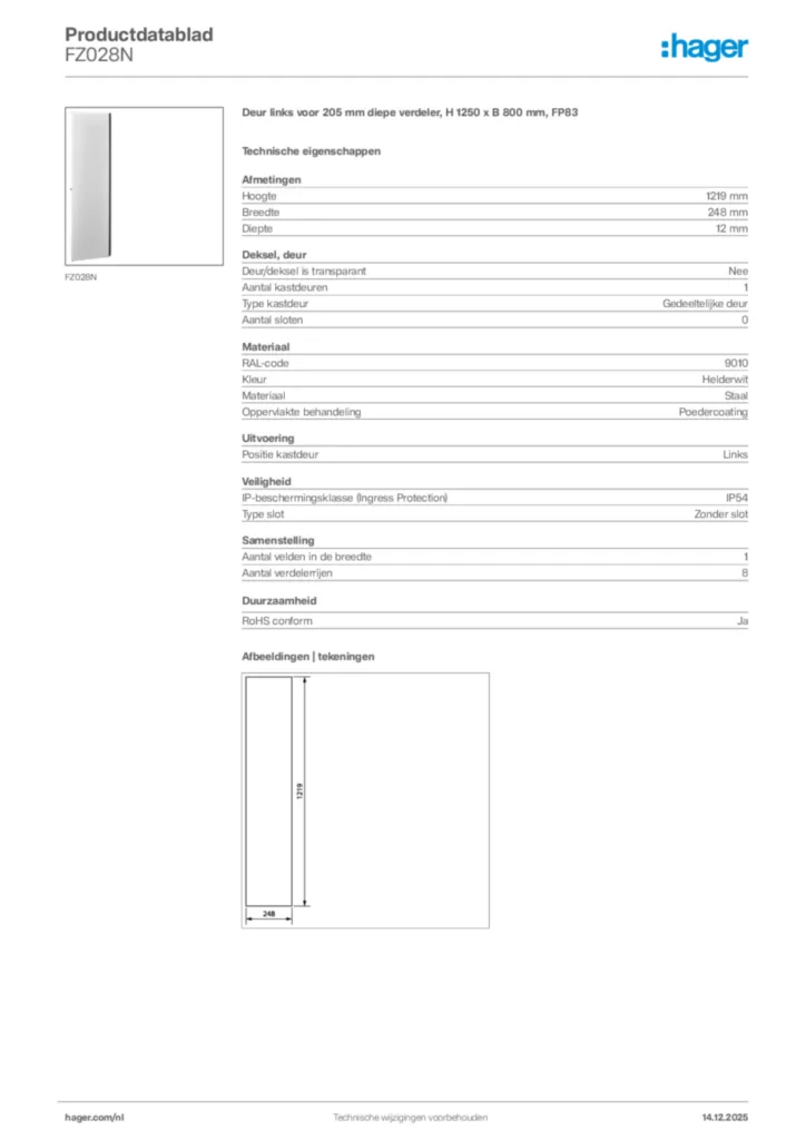 Afbeelding Hager Productdatablad FZ028N | Hager Nederland