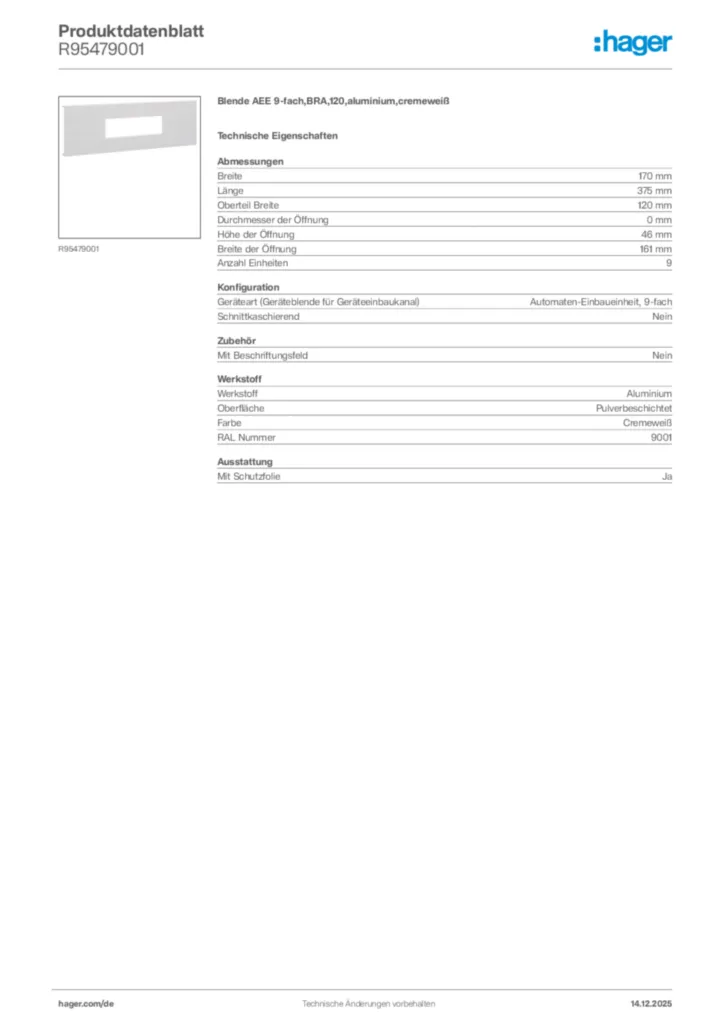 Bild Hager Produktdatenblatt R95479001 | Hager Deutschland