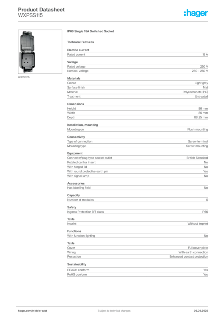 Image Hager Product data sheet WXPSS115  | Hager