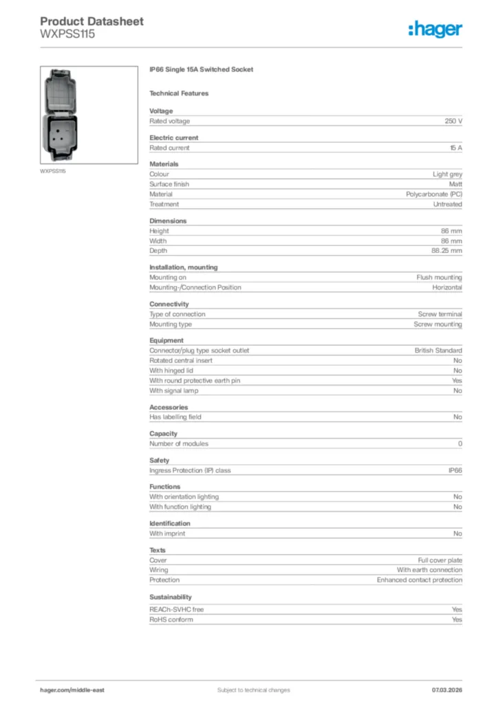 Image Hager Product data sheet WXPSS115  | Hager
