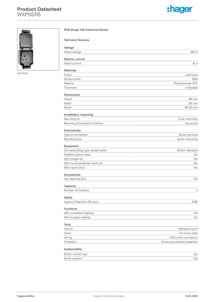 Image Hager Product data sheet WXPSS115  | Hager