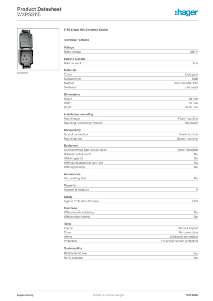 Image Hager Product data sheet WXPSS115  | Hager