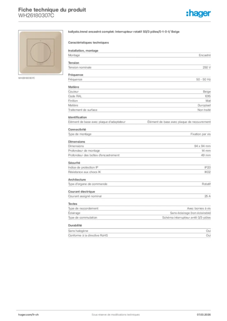 Image Hager Fiche technique du produit WH26180307C | Hager Suisse