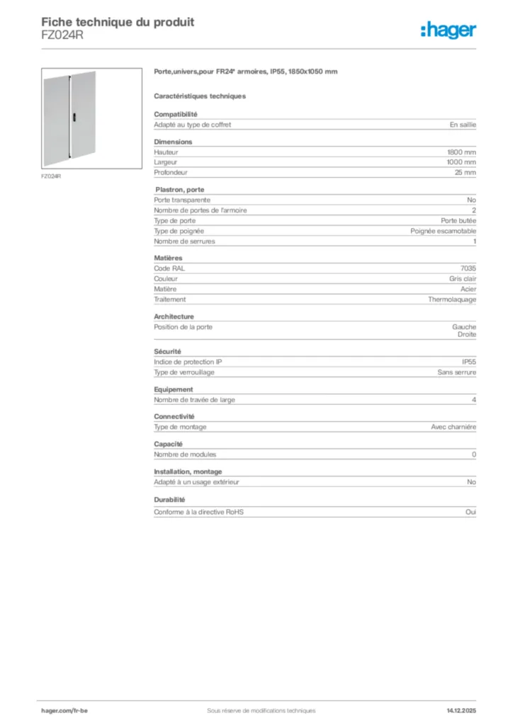 Image Hager Fiche technique du produit FZ024R | Hager Belgique