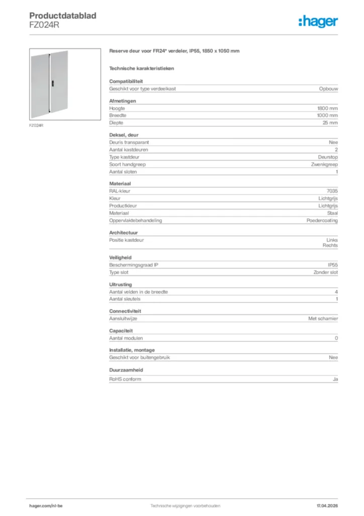 Afbeelding Hager Productdatablad FZ024R | Hager Belgium