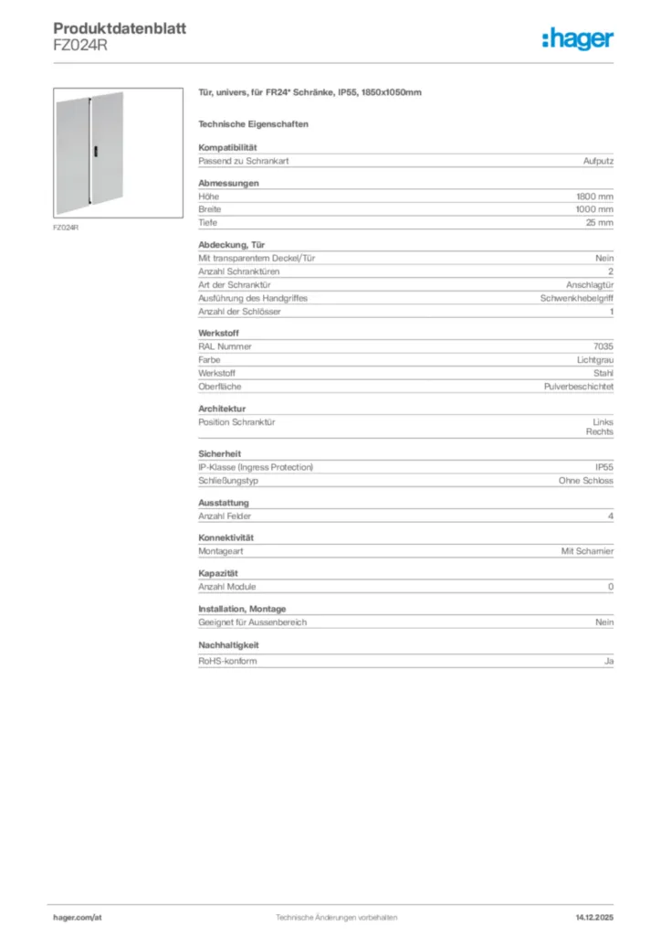 Bild Hager Produktdatenblatt FZ024R | Hager Deutschland