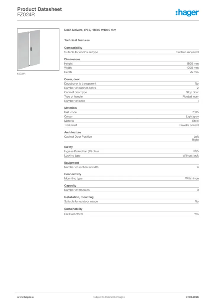 Image Hager Product data sheet FZ024R  | Hager