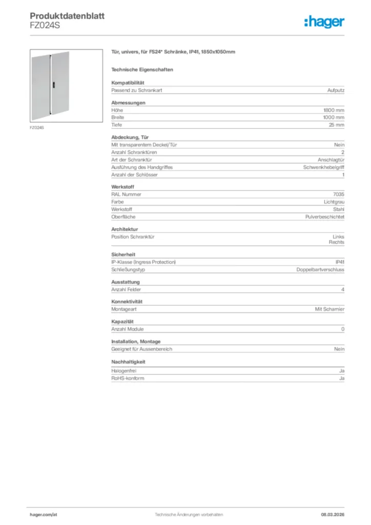 Bild Hager Produktdatenblatt FZ024S | Hager Deutschland