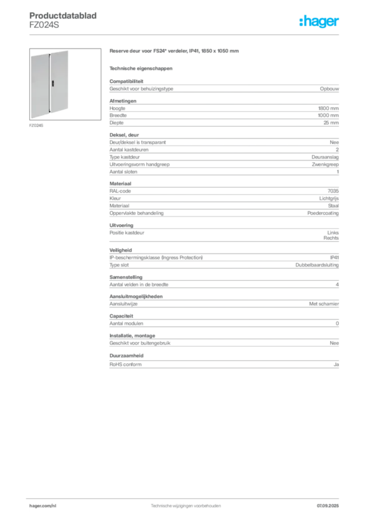 Afbeelding Hager Productdatablad FZ024S | Hager Nederland