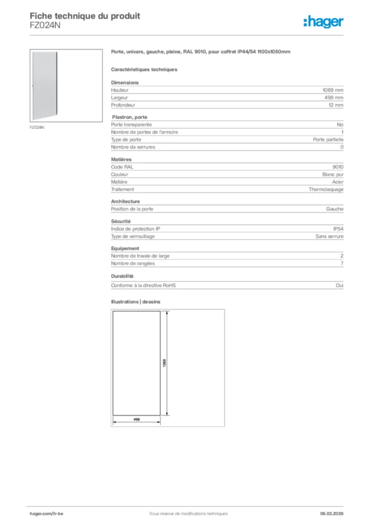 Image Hager Fiche technique du produit FZ024N | Hager Belgique