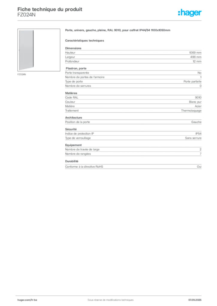 Image Hager Fiche technique du produit FZ024N | Hager Belgique