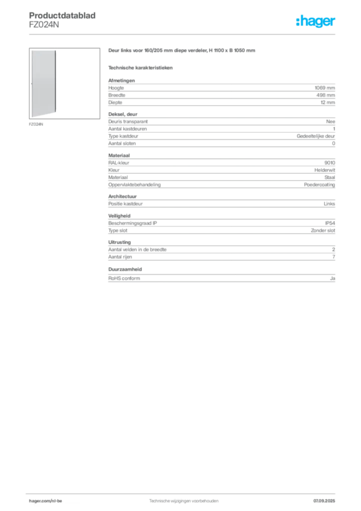 Afbeelding Hager Productdatablad FZ024N | Hager Belgium