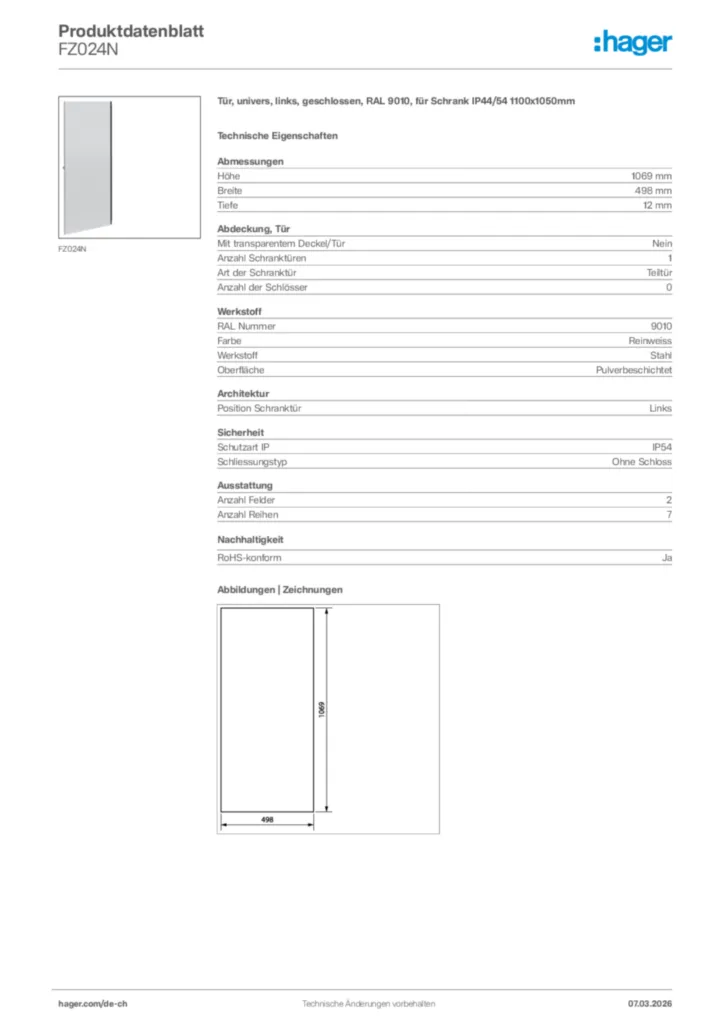 Bild Hager Produktdatenblatt FZ024N | Hager Schweiz