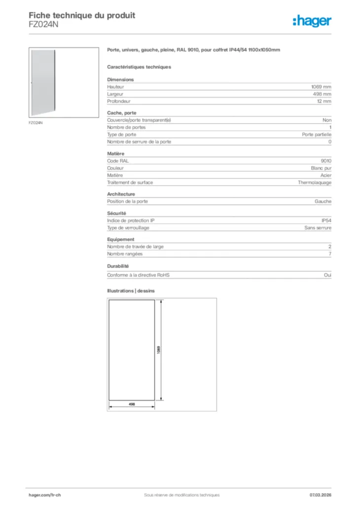 Image Hager Fiche technique du produit FZ024N | Hager Suisse