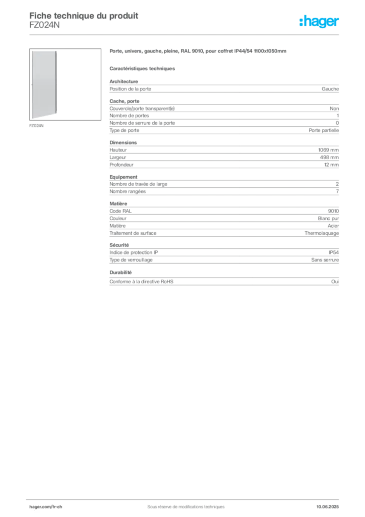 Image Hager Fiche technique du produit FZ024N | Hager Suisse