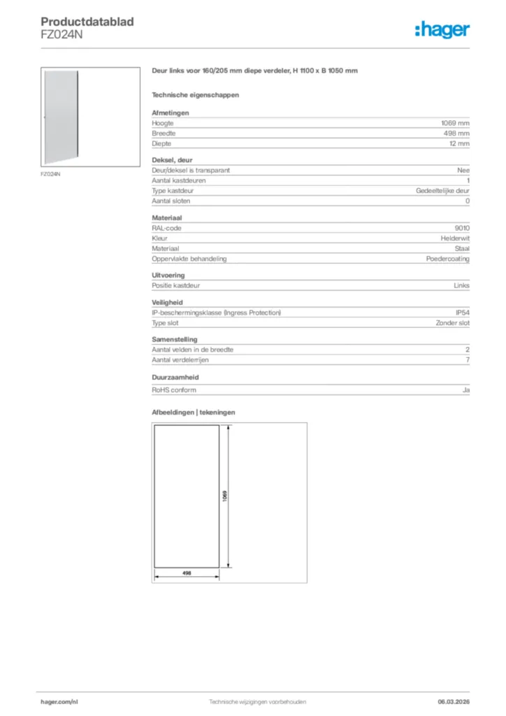 Afbeelding Hager Productdatablad FZ024N | Hager Nederland