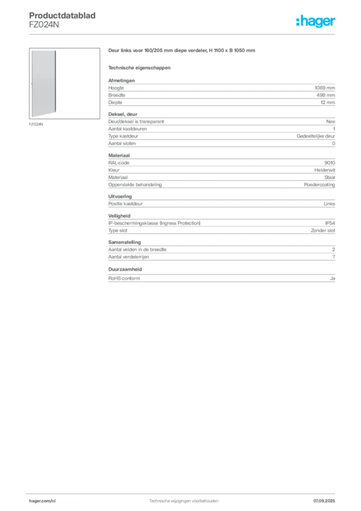 Afbeelding Hager Productdatablad FZ024N | Hager Nederland