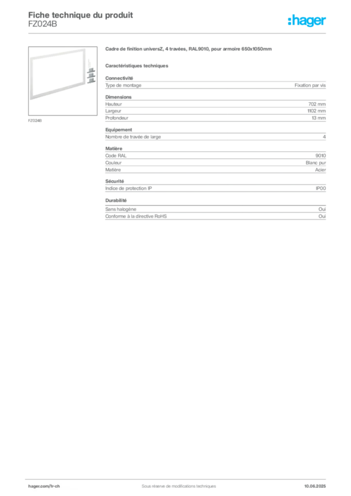 Image Hager Fiche technique du produit FZ024B | Hager Suisse