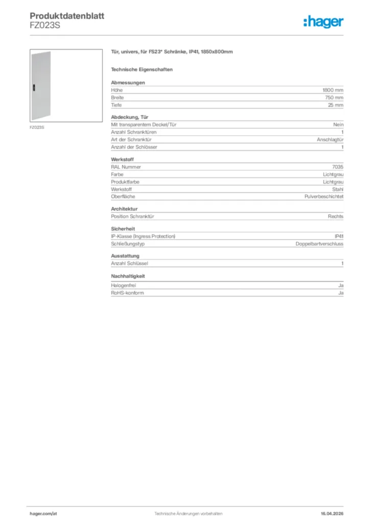 Bild Hager Produktdatenblatt FZ023S | Hager Deutschland