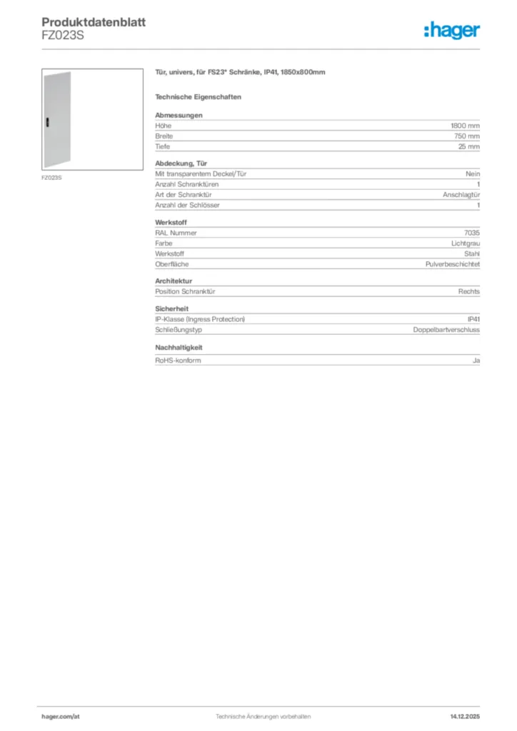 Bild Hager Produktdatenblatt FZ023S | Hager Deutschland