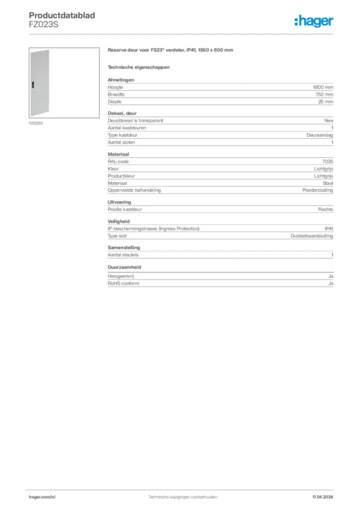 Afbeelding Hager Productdatablad FZ023S | Hager Nederland